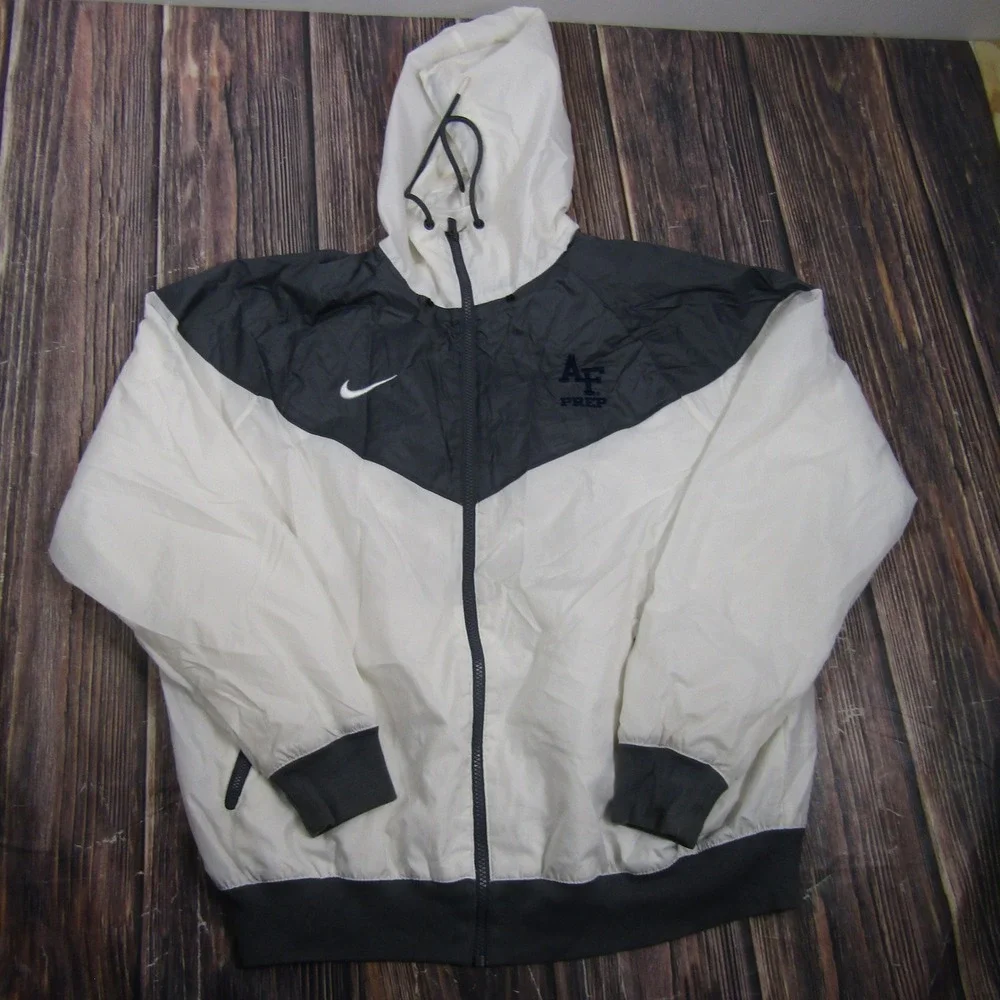 Nike Windbreaker Jacket Mens Large White Gray AF Prep Air Force Hooded Full Zip